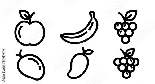 Line Art Illustration of Various Fruits - Apple, Banana, Grapes, Mango, and Strawberry.