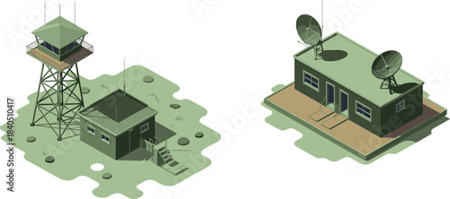 3D isometric illustration of military communication buildings with watchtower, radar antennas, control center, surveillance base, and defense facility