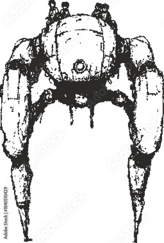 Sci-Fi Robot Walker with Children Riding, Futuristic Mech Design Illustration, Kids and Giant Machine Adventure, Post-Apocalyptic Transport, Monochrome Dot Art Drawing