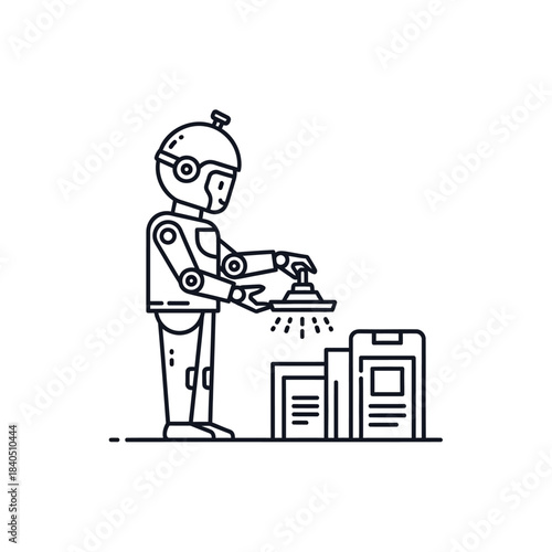 Line Art Robot Holding a Glowing Object Above Boxes, Black and White.