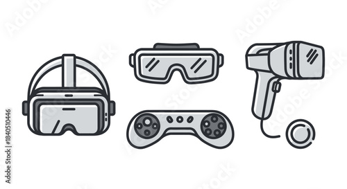 Line art illustration of virtual reality headsets, goggles, and game controller for immersive gaming.