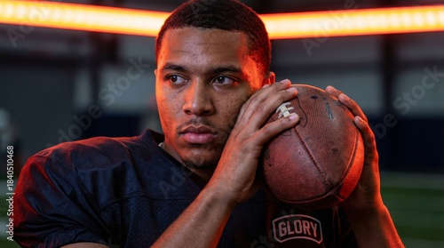 African American football player holding ball with dramatic orange lighting