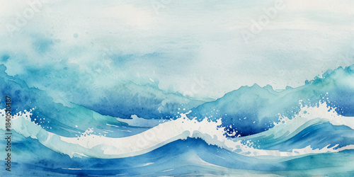 Ocean wave painted in watercolor, isolated on white background, Abstract wavy water ocean background. Abstract ocean splashing waves.	
	
