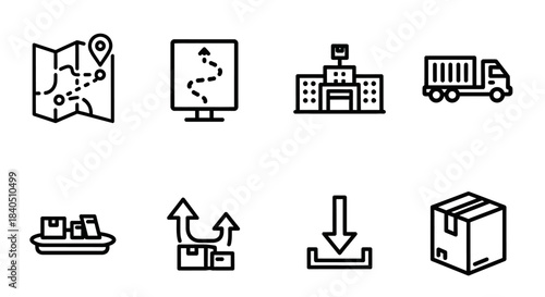 Logistics and Distribution Icons - Map, Route, Building, Truck, Cargo, Arrows, Download, Box.