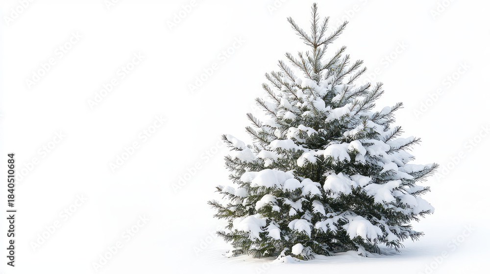 Fototapeta premium Snowy pine tree stands isolated on white background, creating serene and peaceful winter scene