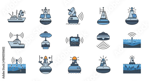 Marine Technology and Sea Navigation Equipment Icon Set with Blue and Grey Tones.