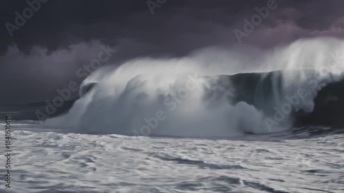 Massive Ocean Wave Crashing During A Thunderstorm With Lightning In The Dark Sky Over The Turbulent Sea