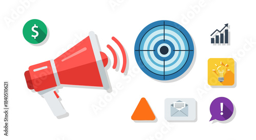 Marketing Campaign with Megaphone, Target, and Business Growth Icons.