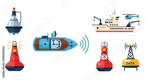 Maritime Vessels and Navigation Buoys Illustration.