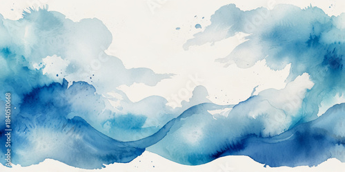 Ocean wave painted in watercolor, isolated on white background, Abstract wavy water ocean background. Abstract ocean splashing waves.	
	
