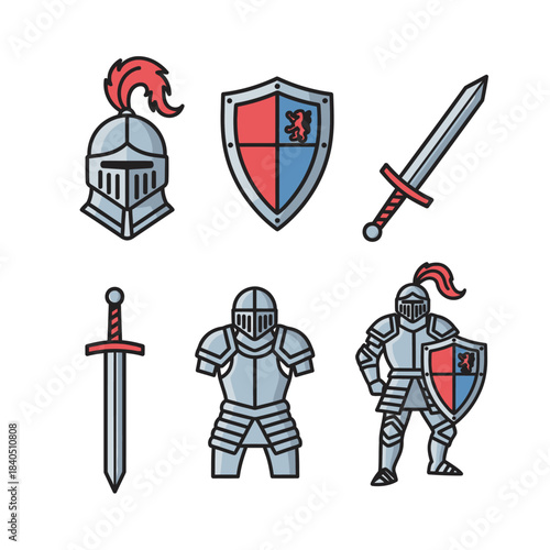 Medieval Knight Armor Set - Helmet, Shield, Sword, and Full Body Armor Illustration.
