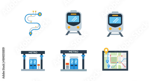 Metro Transportation Icons - Route, Train, Station, and Map.