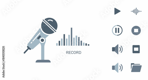 Microphone and Audio Recording Icons for Multimedia Applications.