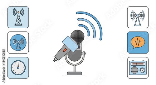 Microphone with Sound Waves and Radio Communication Icons, Broadcasting Concept.
