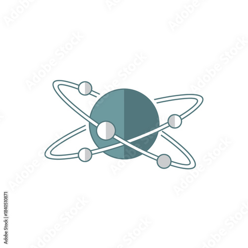 Minimalist Atom Icon with Teal Nucleus and Orbiting Light Gray Electrons on Elliptical Paths.