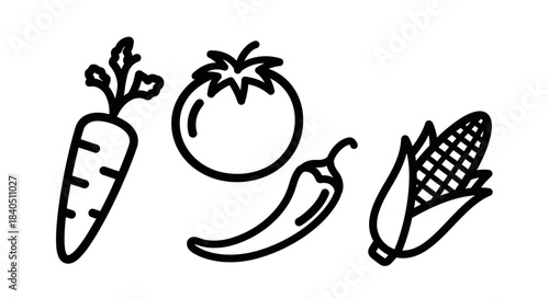 Line Art Depiction of Fresh Vegetables - Carrot, Tomato, Chili, and Corn.