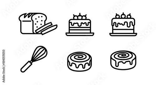 Line art icons of baked goods and baking tools, featuring bread, cakes, cinnamon rolls, and a whisk.