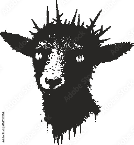 Gritty Lamb Head with Crown of Thorns Illustration, Black and White Stippled Art, Symbolic Animal Portrait, Suffering, Sacrifice, Dark Religious Theme, Raw Emotion Graphic