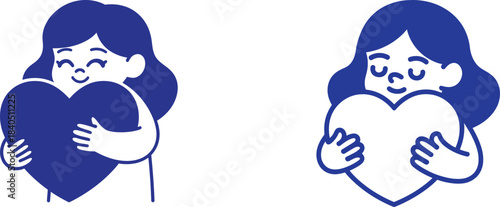 Two charming minimalist illustrations of a girl hugging a large heart symbolizing love kindness and affection