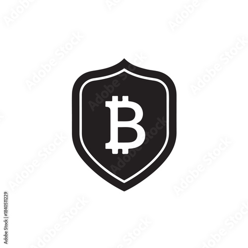 Bitcoin logo on shield icon in simple minimalist design with black and white color scheme for cryptocurrency security