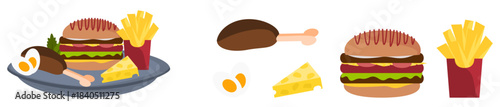 Isolated vector food items of Chicken, burger, chips, cheese, and eggs