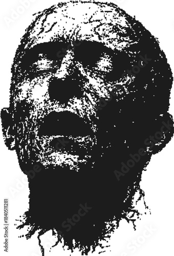 Distressed Human Head Illustration in Black and White Graphic Style Representing Anguish and Decay
