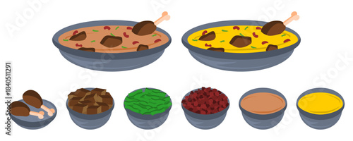 Isolated vector food items of Chicken curry with ingredients 