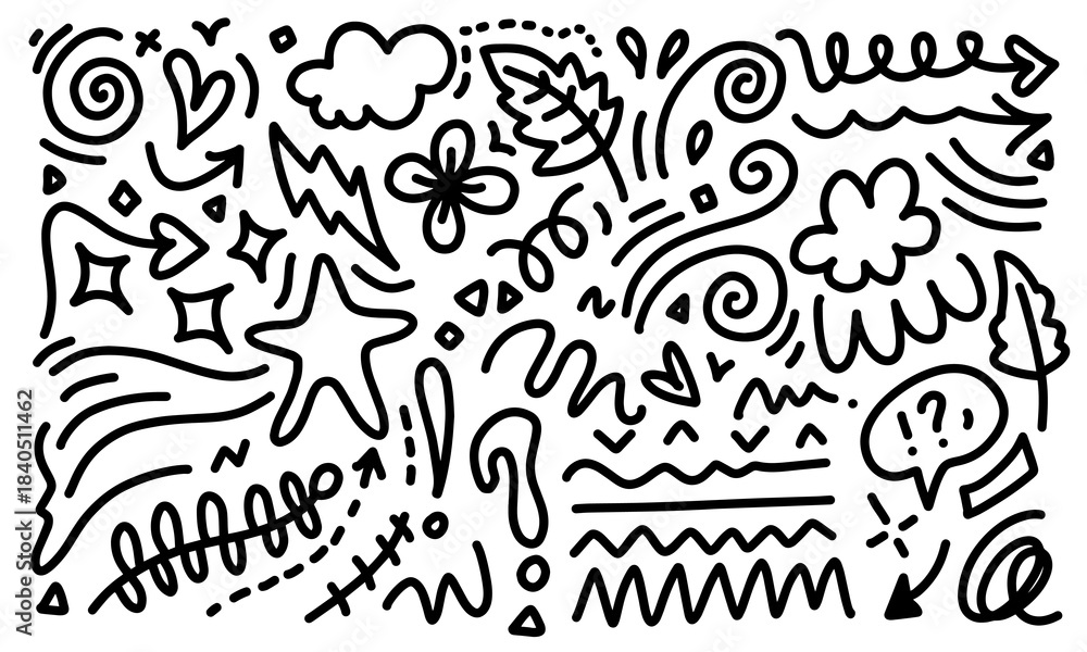 Fototapeta premium Hand drawn doodle design elements. cloud, arrow, heart, leaves, flower, star and other,