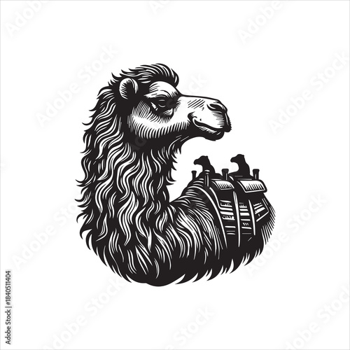 Detailed monochrome camel illustration, crafted as a distinctive vector logo, highlighting intricate linework and a strong graphic design for versatile use