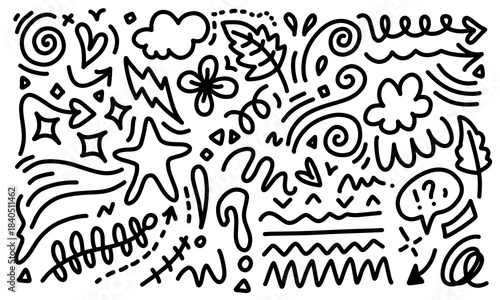 Hand drawn doodle design elements. cloud, arrow, heart, leaves, flower, star and other,