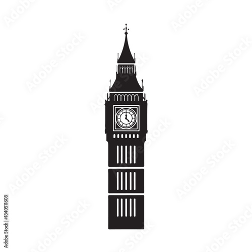 Big Ben clock tower silhouette in minimalist style with PageSpeed Insights dark lighting on white background for travel brochure