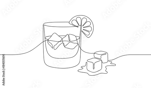 Whiskies and ice. Scotch on the rocks in glass. Whiskey and soda. Continuous one line drawing vector illustration