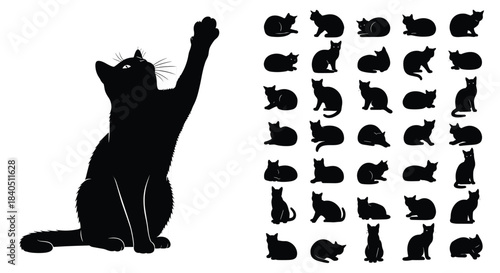 Black cat silhouette vector collection, playful kitten reaching up, set of feline icons in various poses, isolated on white background.