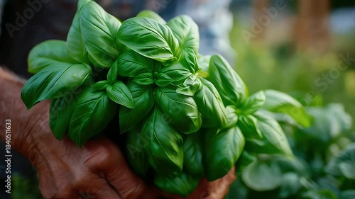 Hands holding fresh basil herbs sunlight harvesting