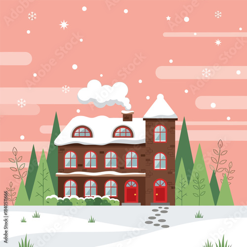 Cartoon vector illustration of a snow covered a big house