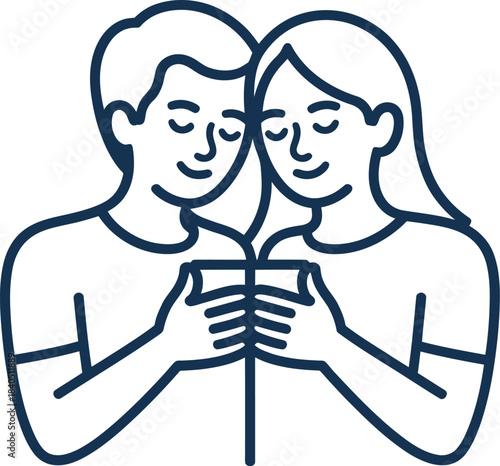 Minimalist line art icon depicting a couple sharing a single smartphone screen with closed eyes and smiles