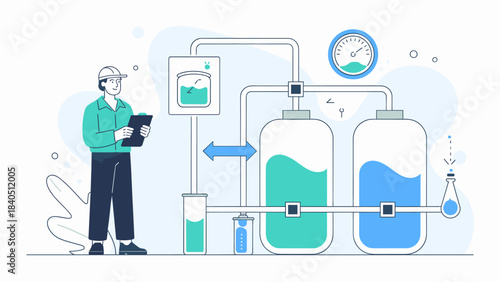 engineer monitoring an industrial water purification system vector illustration