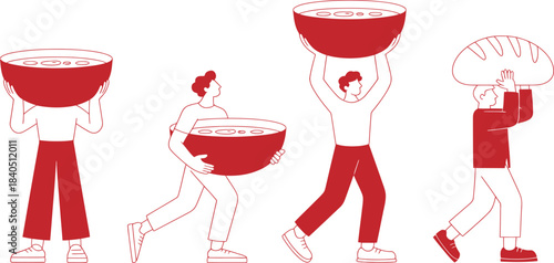 Minimalist line art illustration of diverse people carrying large bowls of food and bread for charity or donation