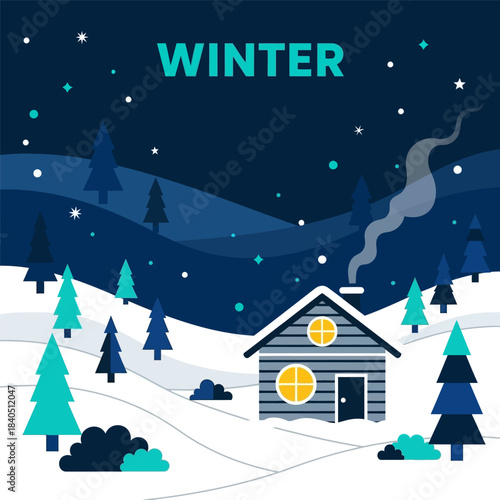 Winter night village landscape with snowy houses, trees, and stars