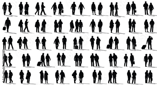 Large set of black people silhouettes walking and standing, isolated on white background, men and women vector crowd design collection.
