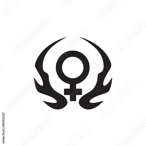 Female Symbol with Flames in Simple Monochrome Design on White Background for Feminist Iconography