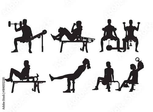 Silhouette workout figures doing squats and lunges, polished vector lines, subtle pose variations.