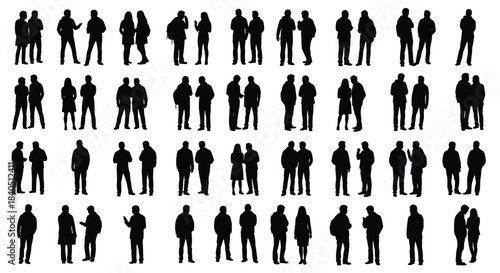 People silhouette vector collection, crowd of men and women standing and talking, business group set, isolated on white background.