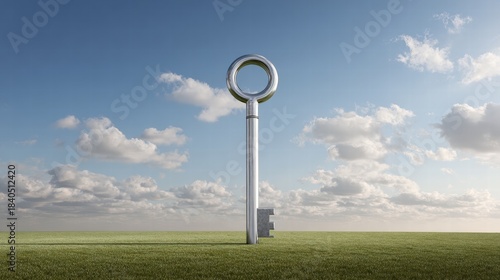Giant Silver Key Stands Upright in Open Field Under Blue Sky, Symbolizing Opportunity and New Beginning