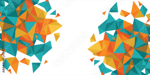 Abstract geometric background with teal and orange low poly triangles splashing on white