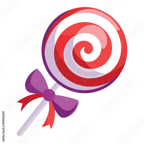 A festive red and white swirl lollipop is adorned with a purple bow and a dangling red ribbon on a white background.
