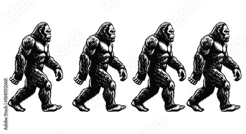 Walking Bigfoot vector illustration, Sasquatch side profile, mythical creature character, hairy ape man, monochrome set, isolated on white background.