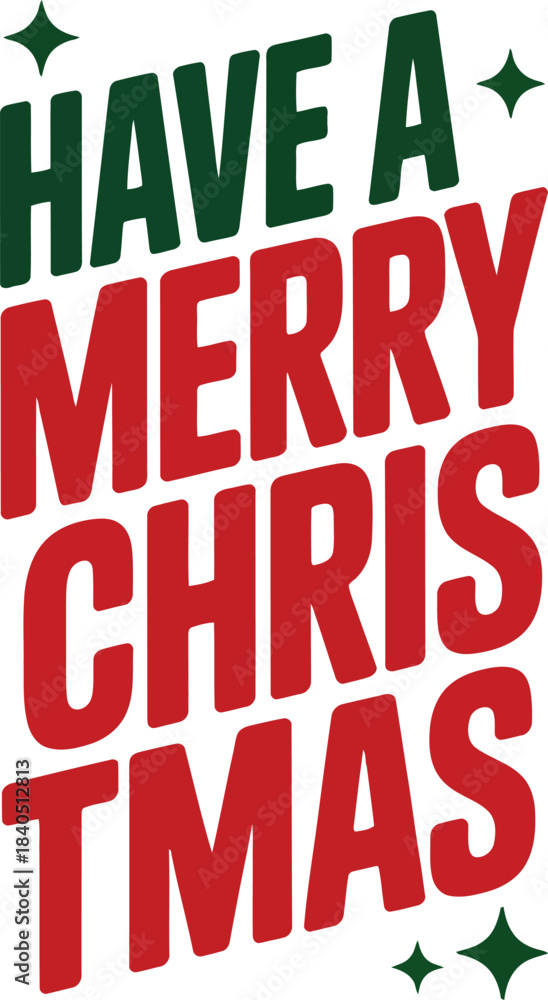 Fototapeta premium Merry Christmas greeting text with green and red letters and stars, festive holiday phrase