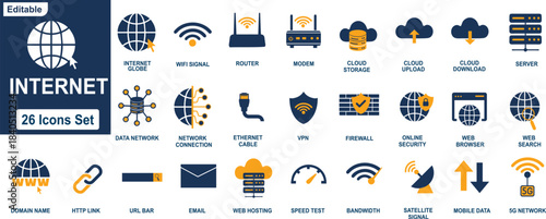 Global Internet Network Connection Icons Data Protection Firewall Web Hosting Security Server Bandwidth Speed Test Technology Digital Editable Vector