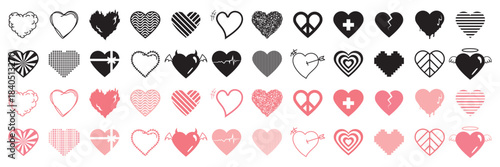 Set of assorted heart icons in multiple styles for romance, love themes, and decorative designs.
